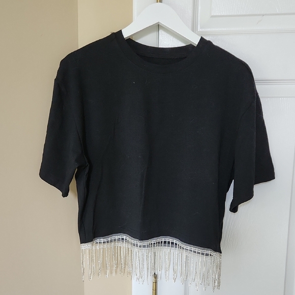 Black Cropped Cotton T-Shirt with Rhinestone Fringe On Bottom, L/XL - Picture 1 of 4